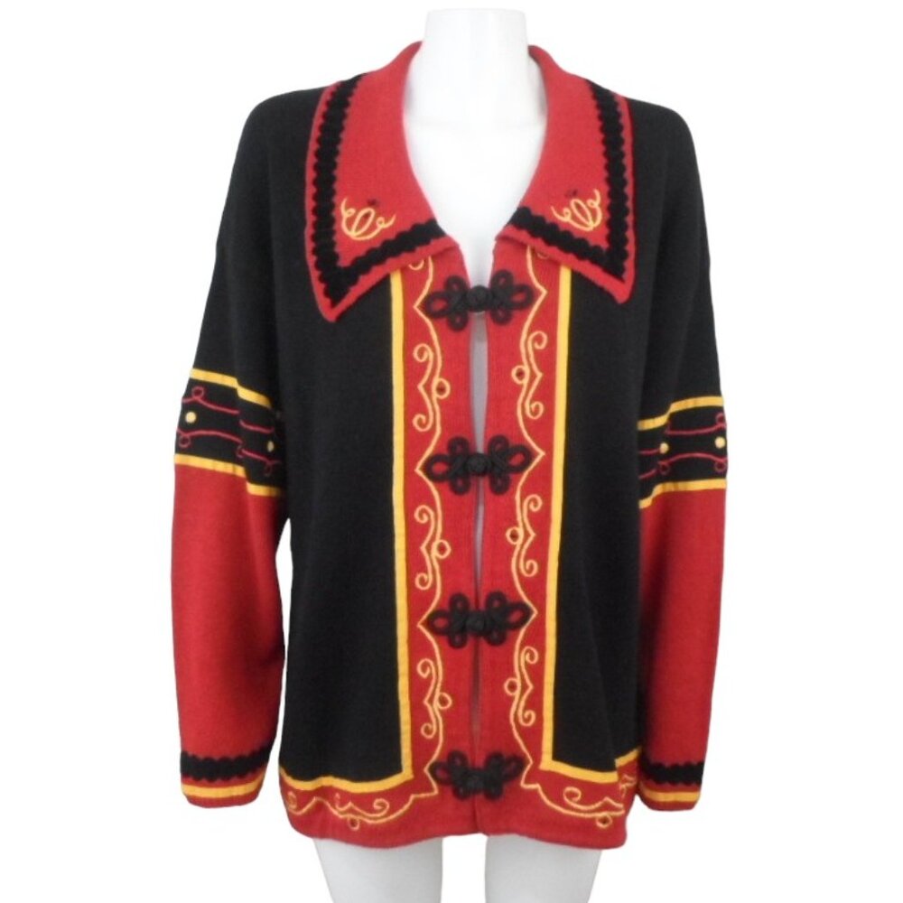 Vintage Pronto Gold Black Red Yellow Frog Clasp Matador Cardigan Sweater